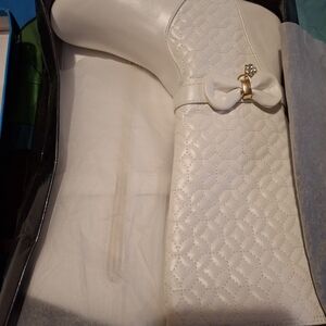 White Quilted Knee-High Boots with Bow